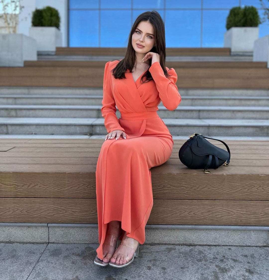 Clara Double Overlap Side Slit Peach Crepe Midi Dress