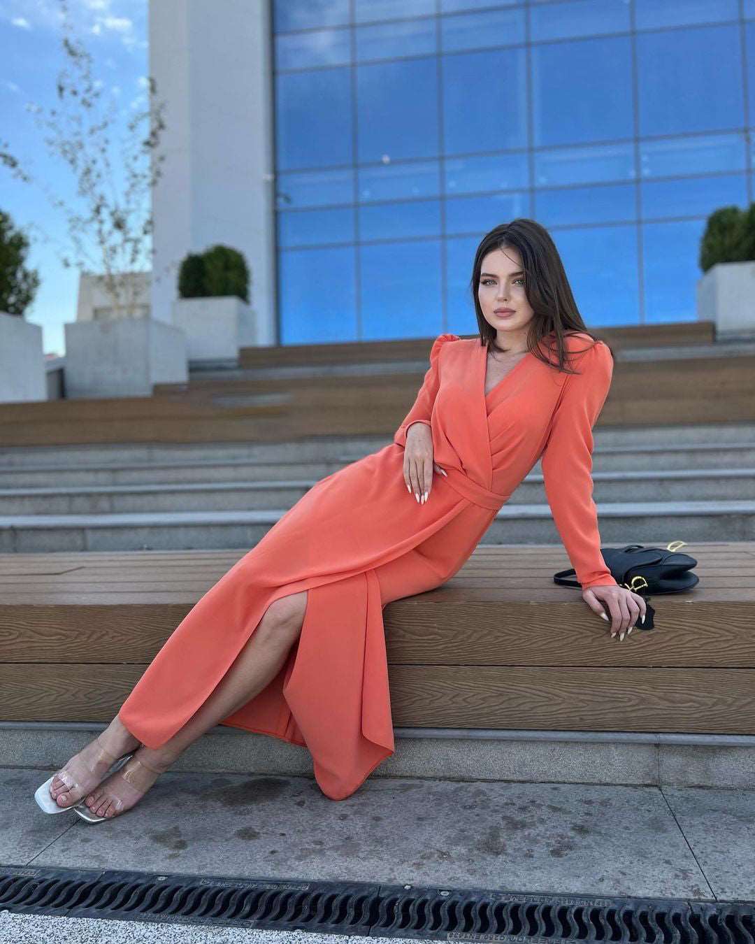 Clara Double Overlap Side Slit Peach Crepe Midi Dress