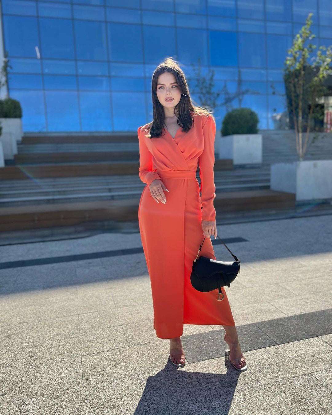 Clara Double Overlap Side Slit Peach Crepe Midi Dress