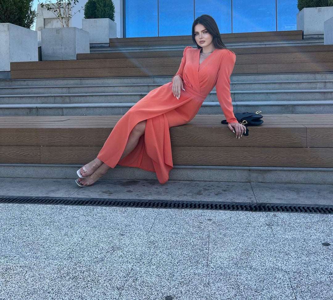 Clara Double Overlap Side Slit Peach Crepe Midi Dress