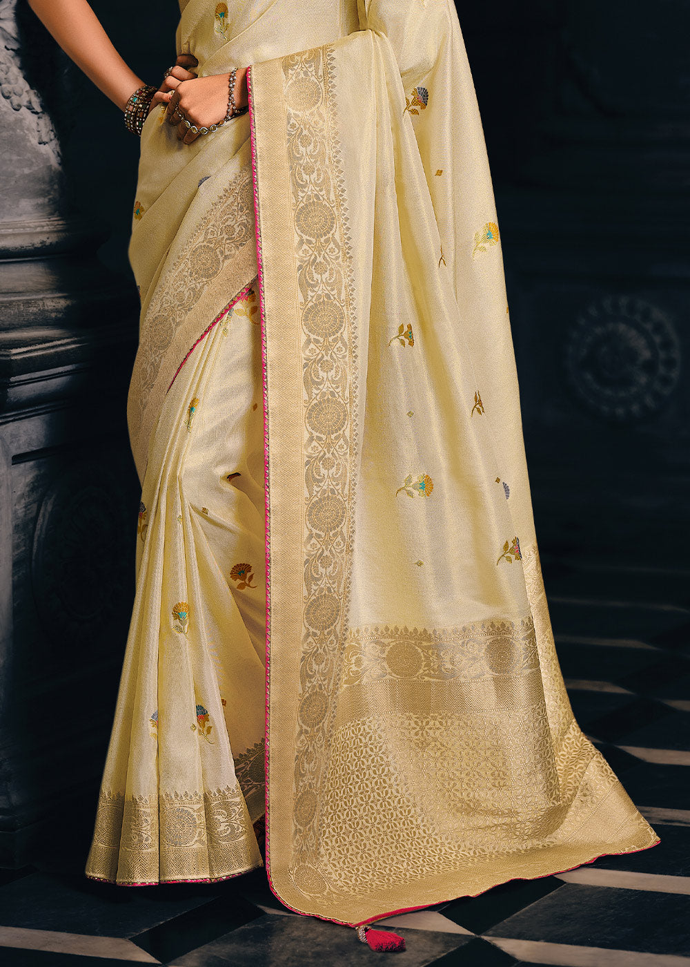 Ivory White Designer Zari Woven Tissue Silk Saree