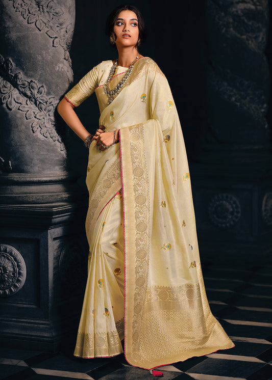 Ivory White Designer Zari Woven Tissue Silk Saree