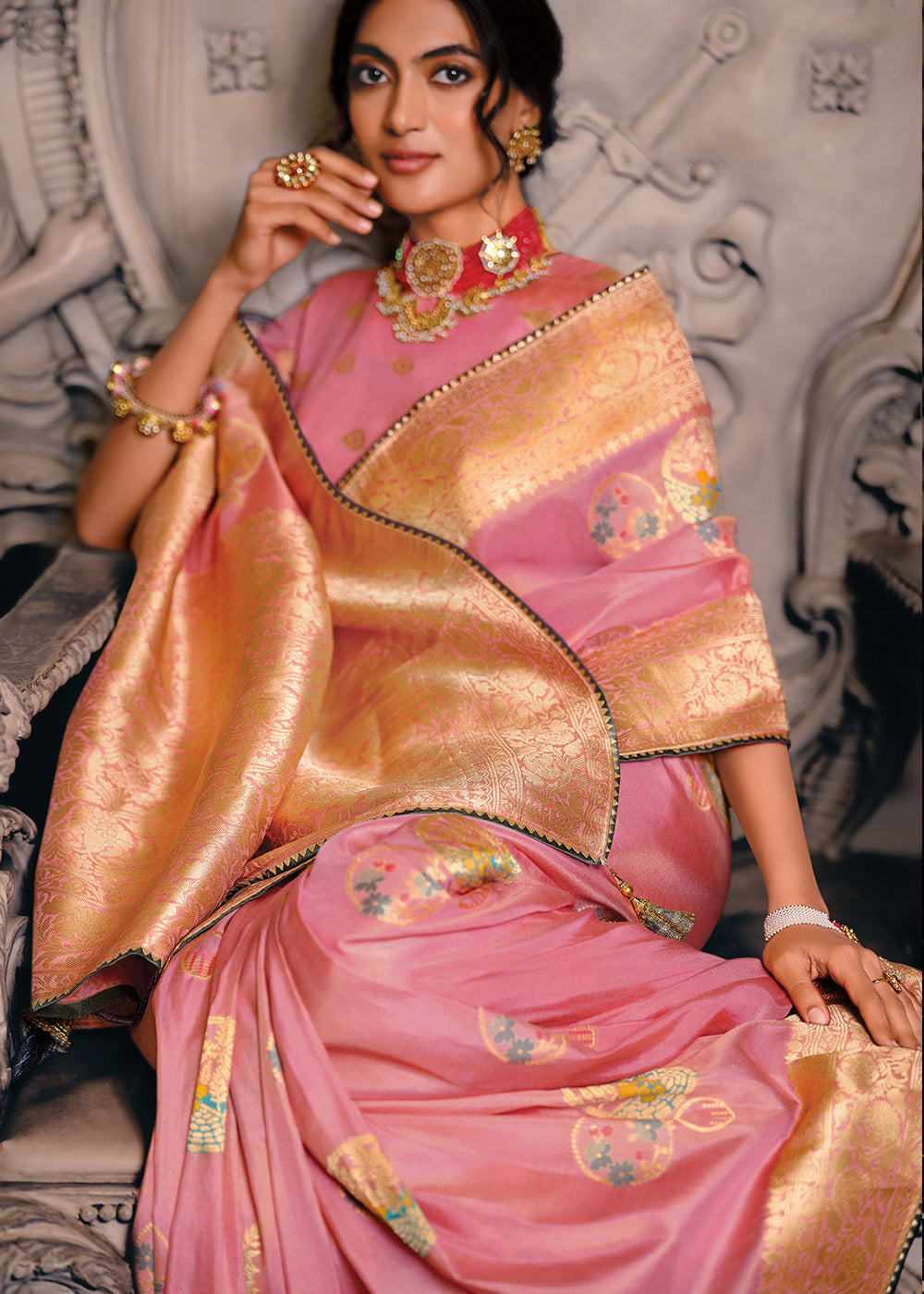 Watermelon Pink Designer Zari Woven Tissue Silk Saree