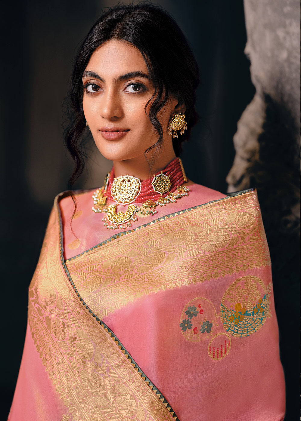 Watermelon Pink Designer Zari Woven Tissue Silk Saree