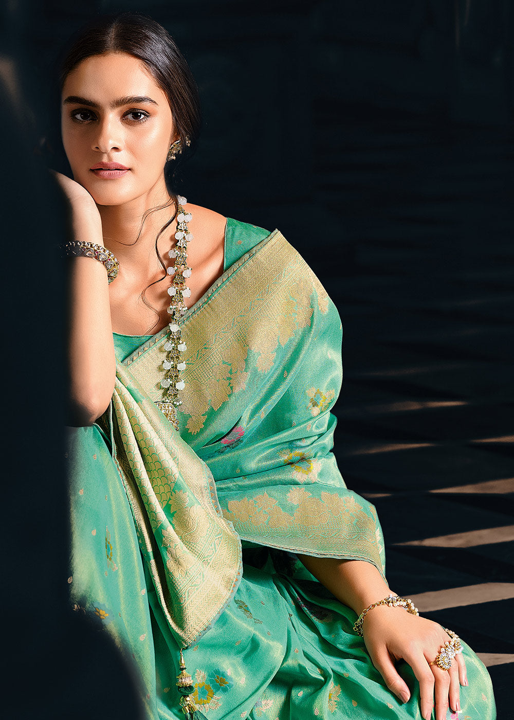 Jade Green Designer Zari Woven Tissue Silk Saree