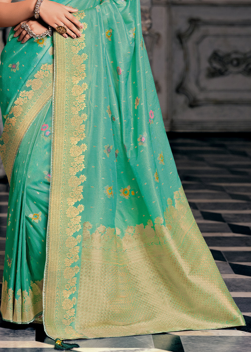 Jade Green Designer Zari Woven Tissue Silk Saree