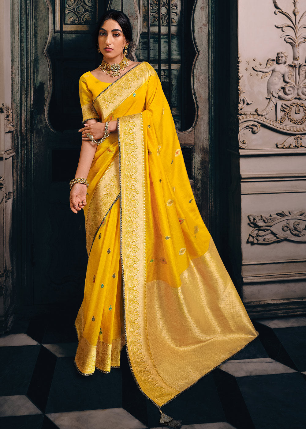 Tuscany Yellow Designer Zari Woven Tissue Silk Saree