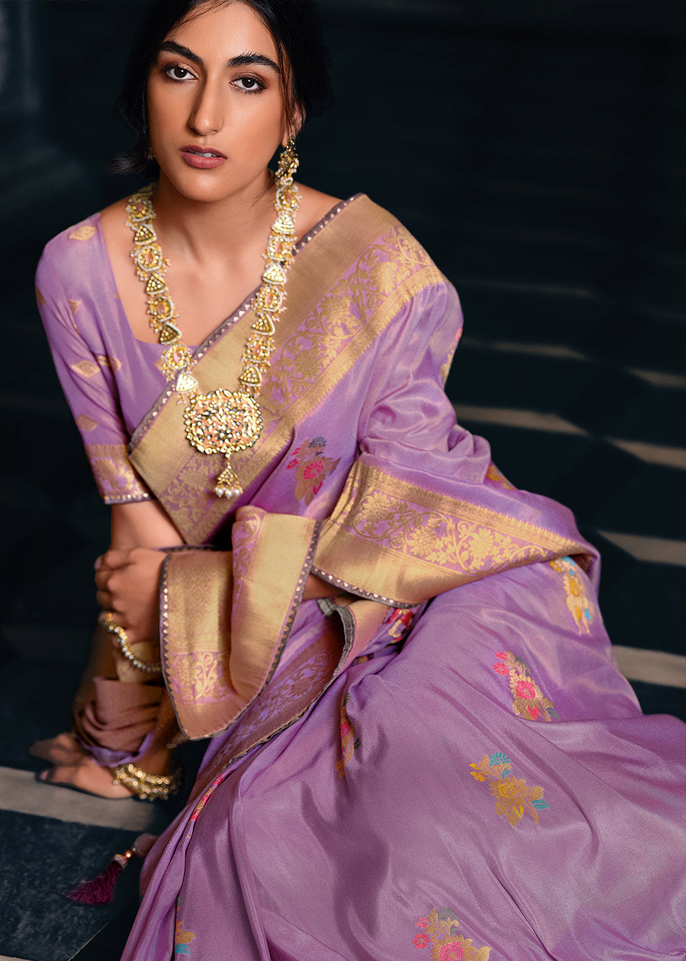 Bright Lilac Purple Designer Zari Woven Tissue Silk Saree