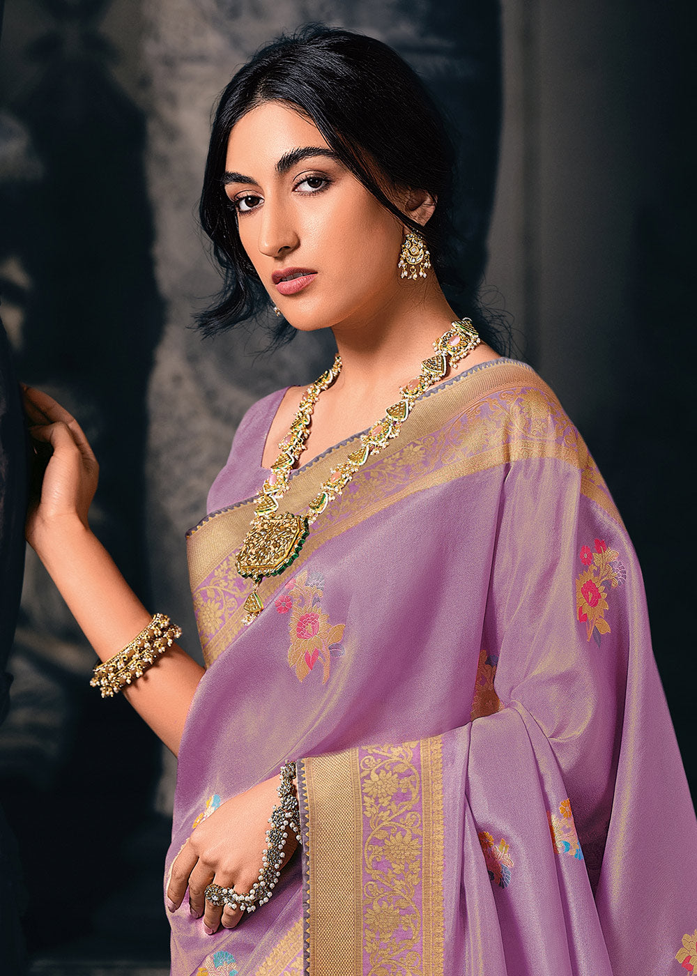 Bright Lilac Purple Designer Zari Woven Tissue Silk Saree