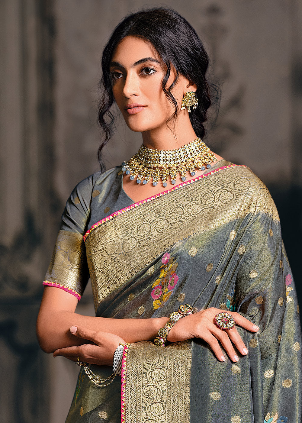 Anchor Grey Designer Zari Woven Tissue Silk Saree