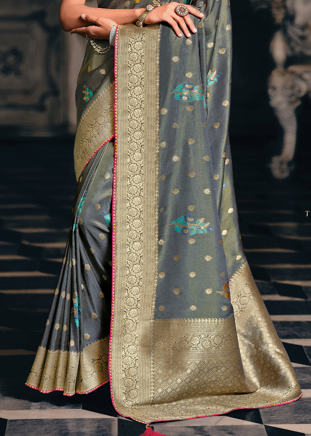 Anchor Grey Designer Zari Woven Tissue Silk Saree