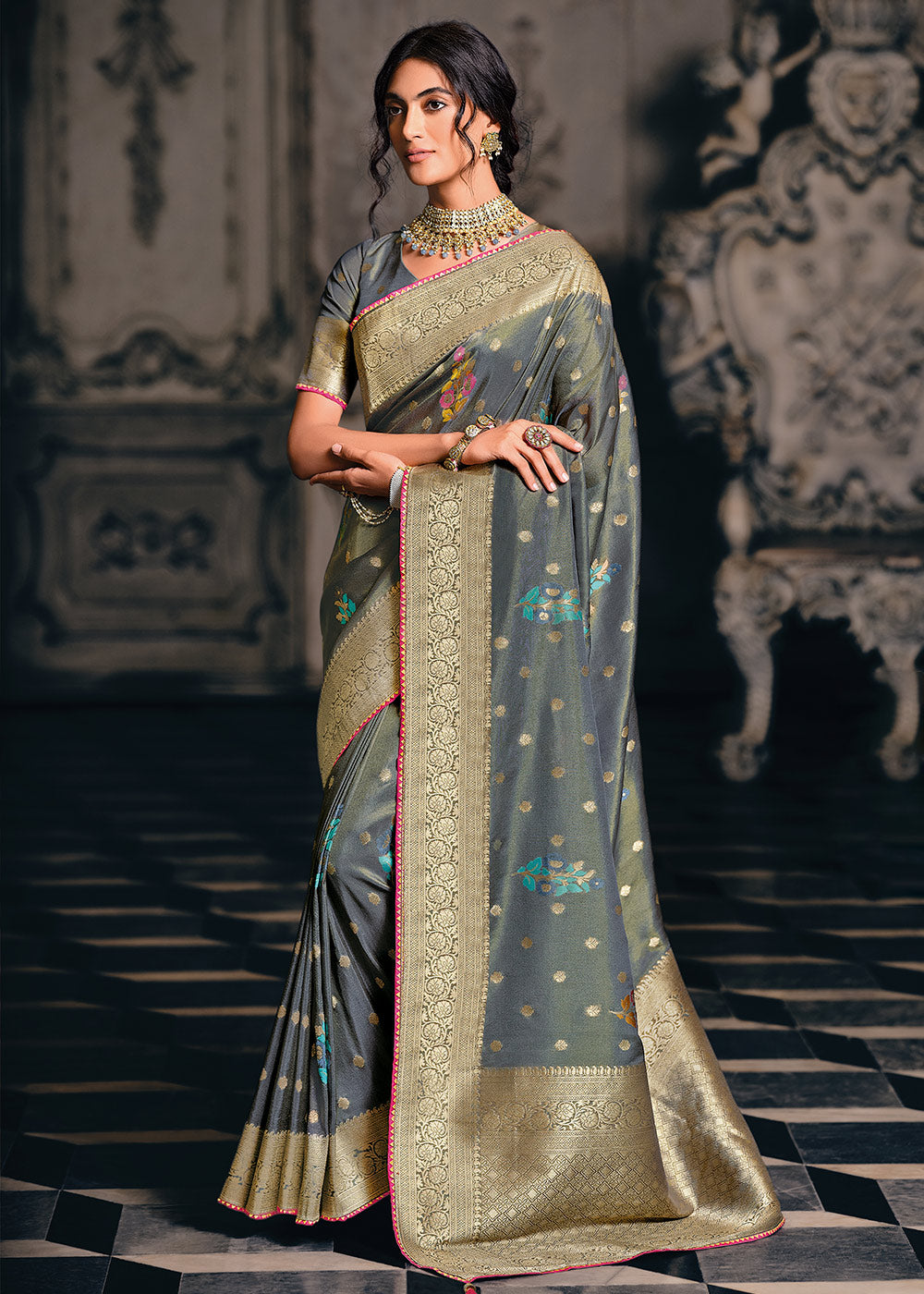 Anchor Grey Designer Zari Woven Tissue Silk Saree