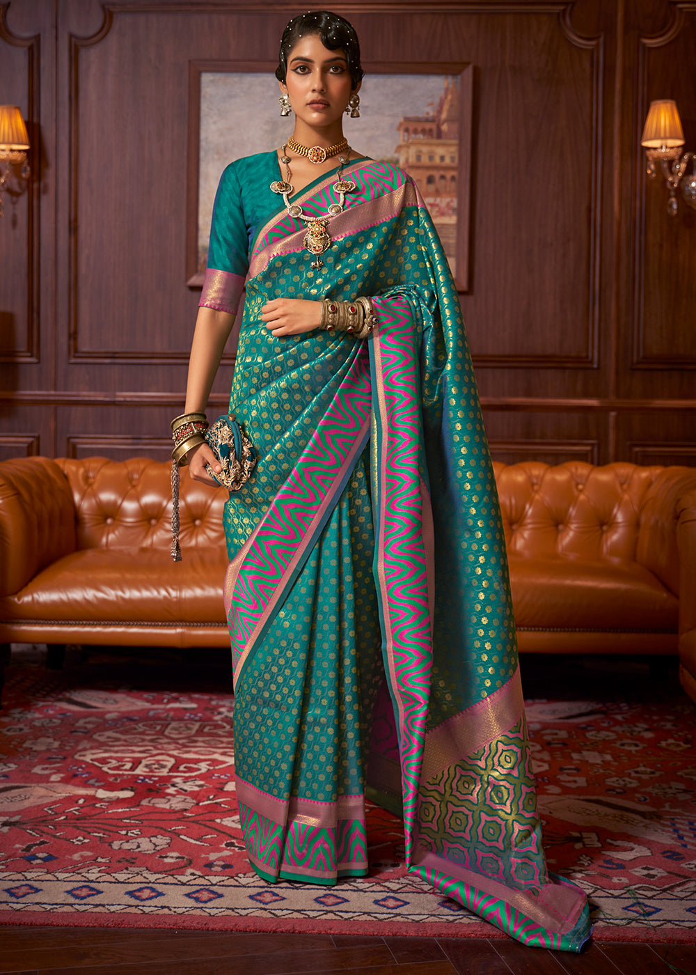 Teal Green Handloom Woven Banarasi Silk Saree