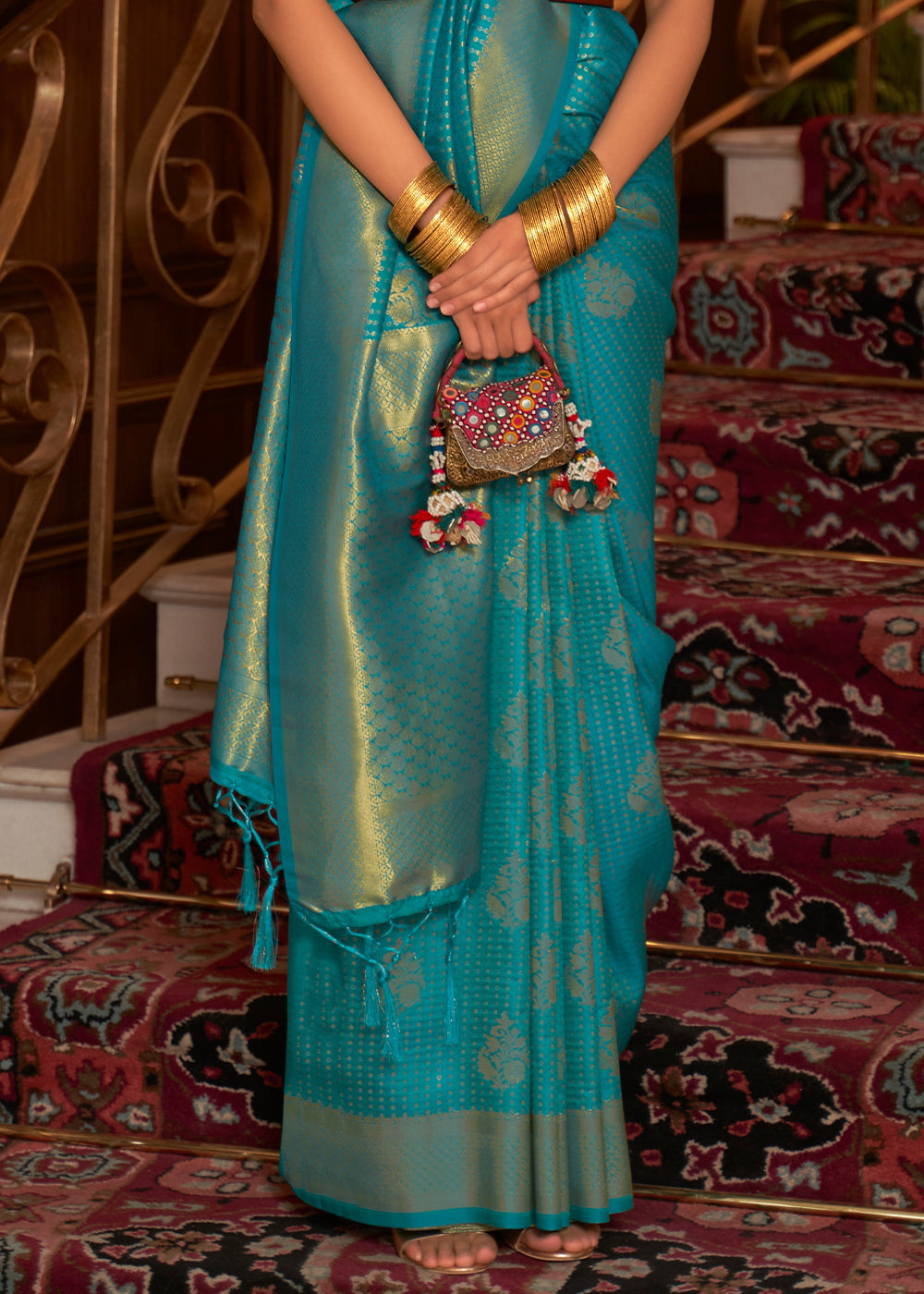 Teal Blue Woven Banarasi Silk Saree