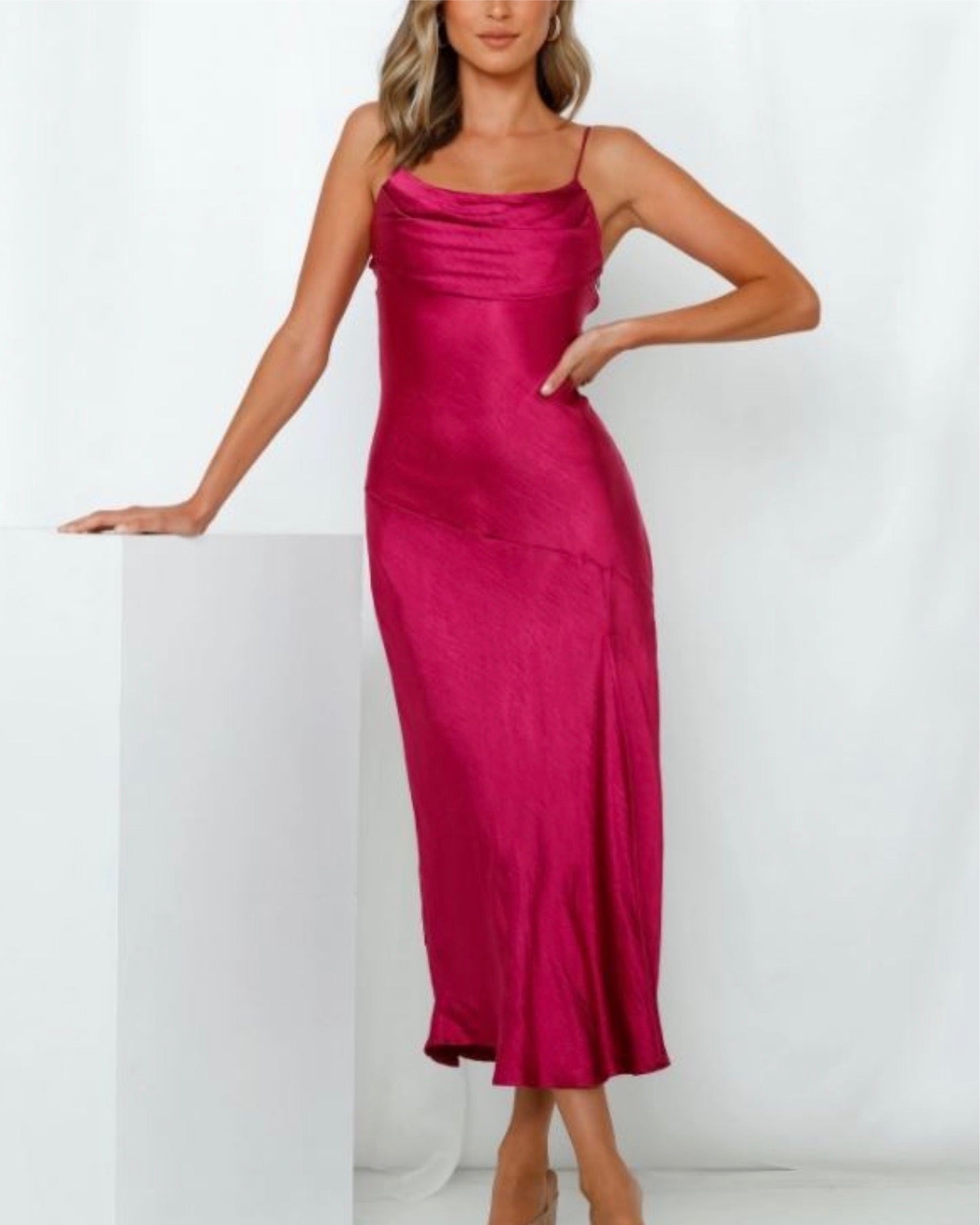 Sofia Satin Midi Dress in Fuchsia