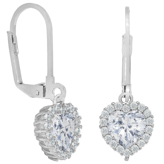 14K White Gold Plated Created Moissanite Heart Halo Drop Earrings