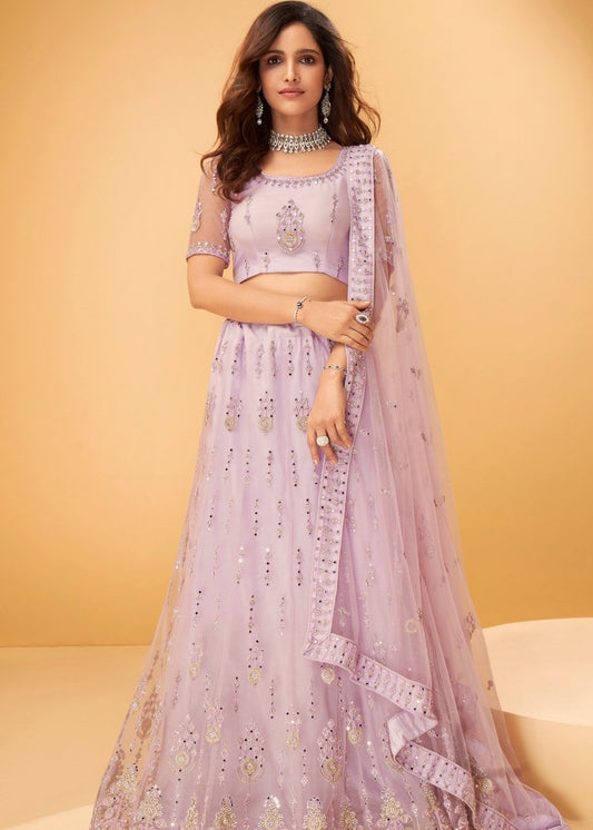 Lavender Purple Net Lehenga Choli with Thread Embroidery,Mirror & Zarkan work