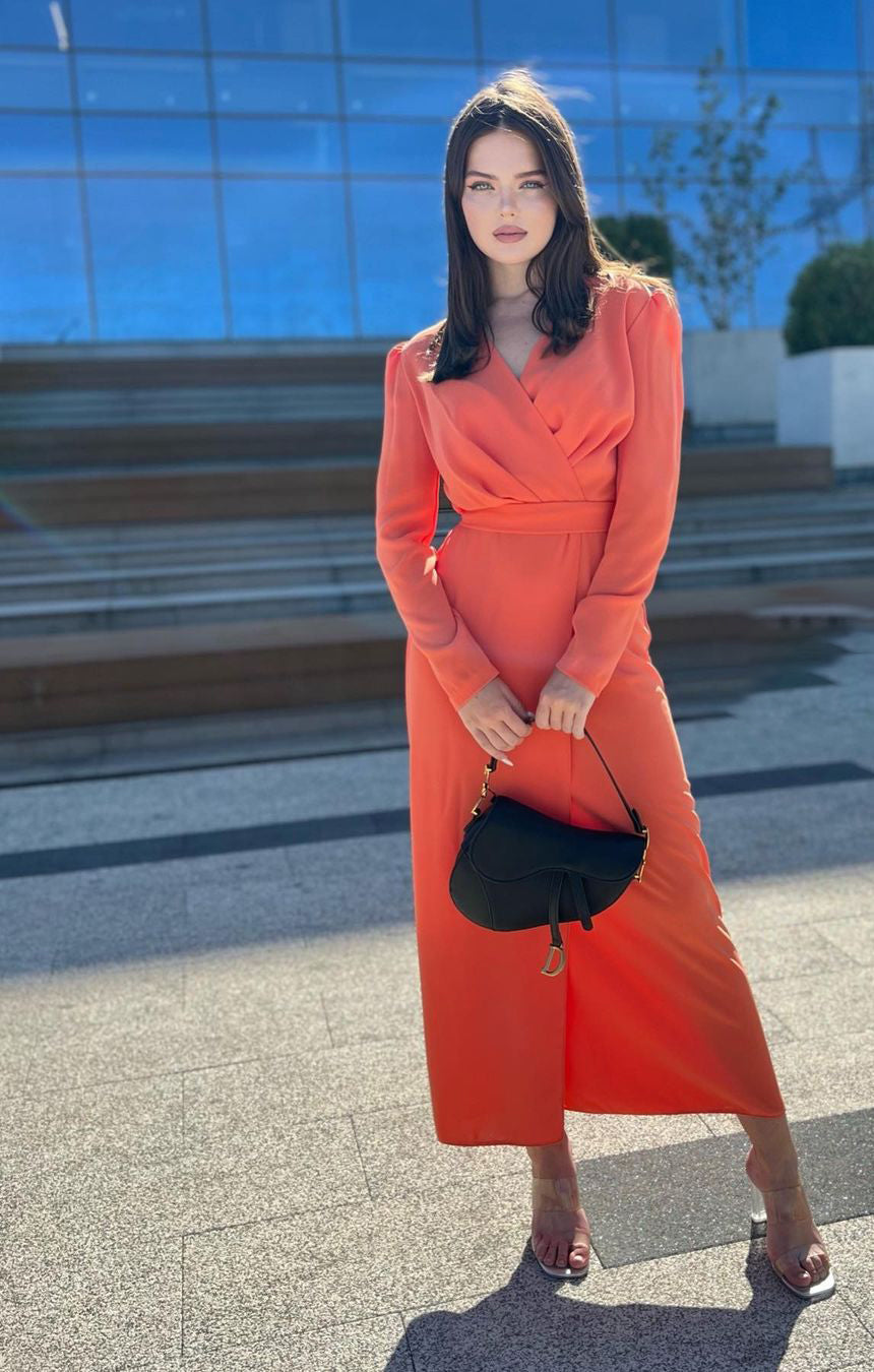Clara Double Overlap Side Slit Peach Crepe Midi Dress