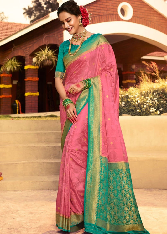 Carmine Pink Zari Woven Kanjivaram Silk Saree:Wedding Edition