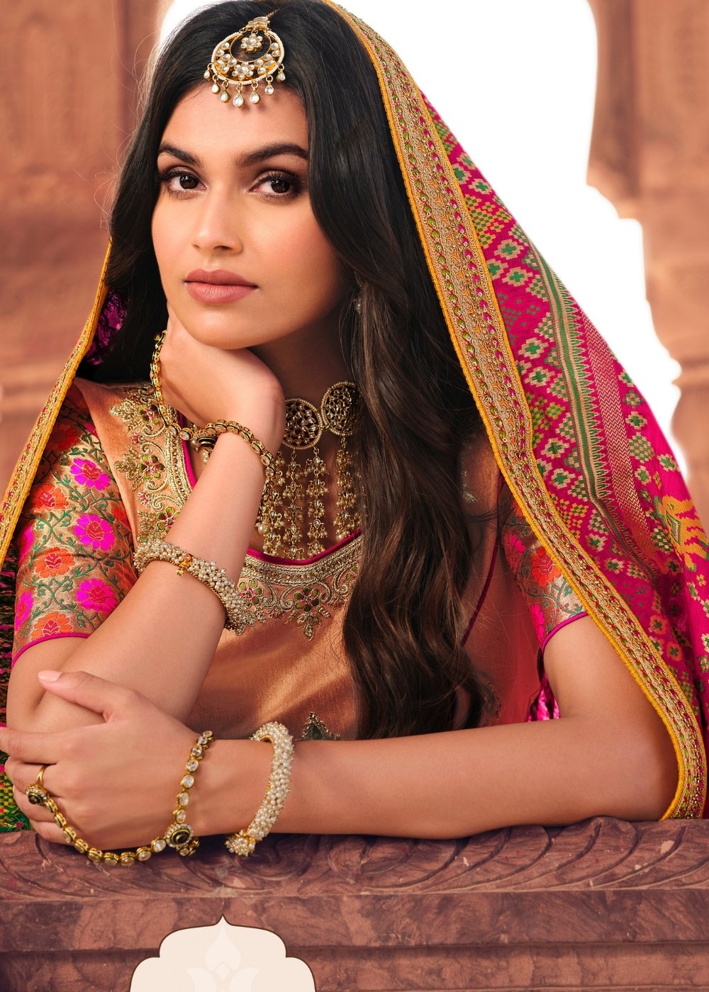 Salmon Pink & Magenta Banarasi Silk Lehenga Choli with Heavy Embroidery work