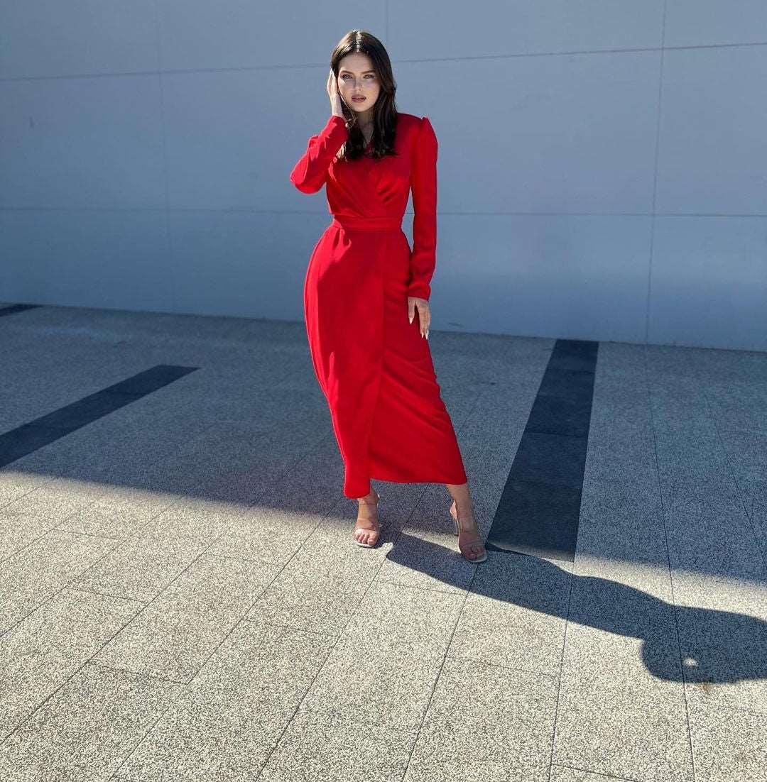 Portia Apple Red Mulberry Silk Overlap Midi Dress