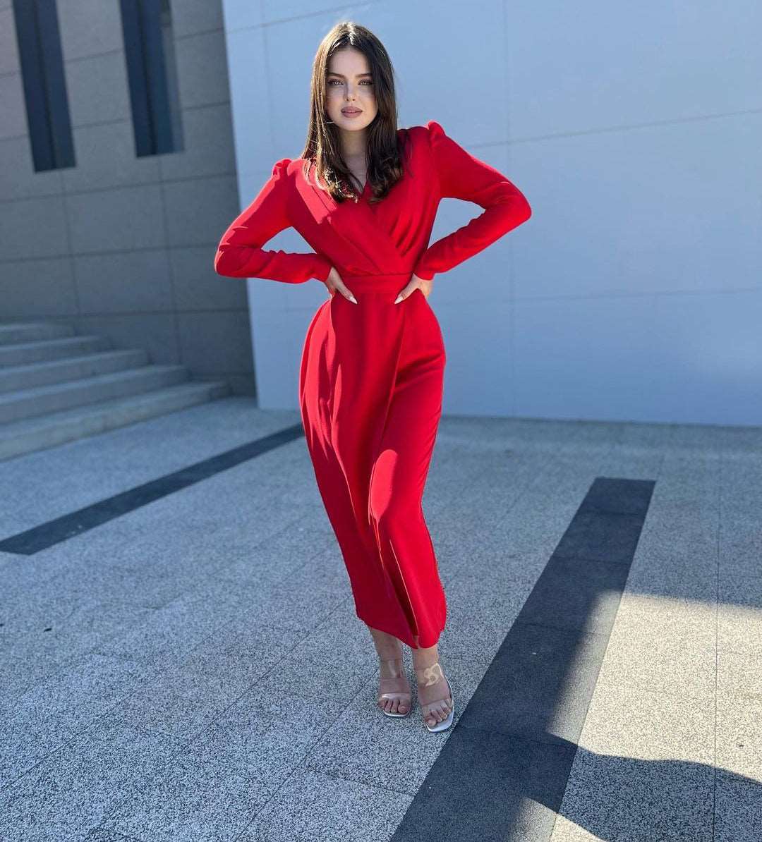 Portia Apple Red Mulberry Silk Overlap Midi Dress
