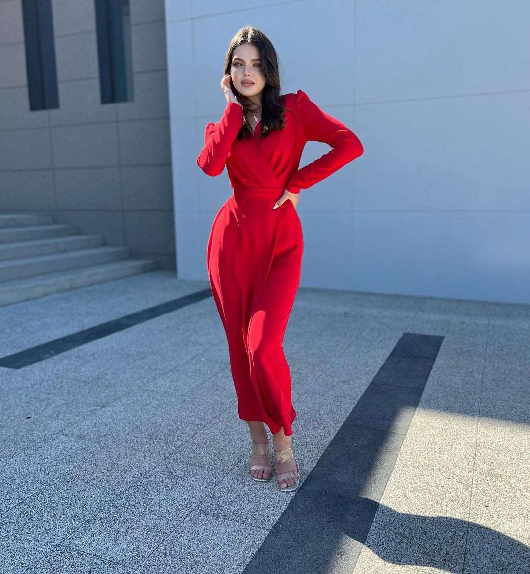 Portia Apple Red Mulberry Silk Overlap Midi Dress