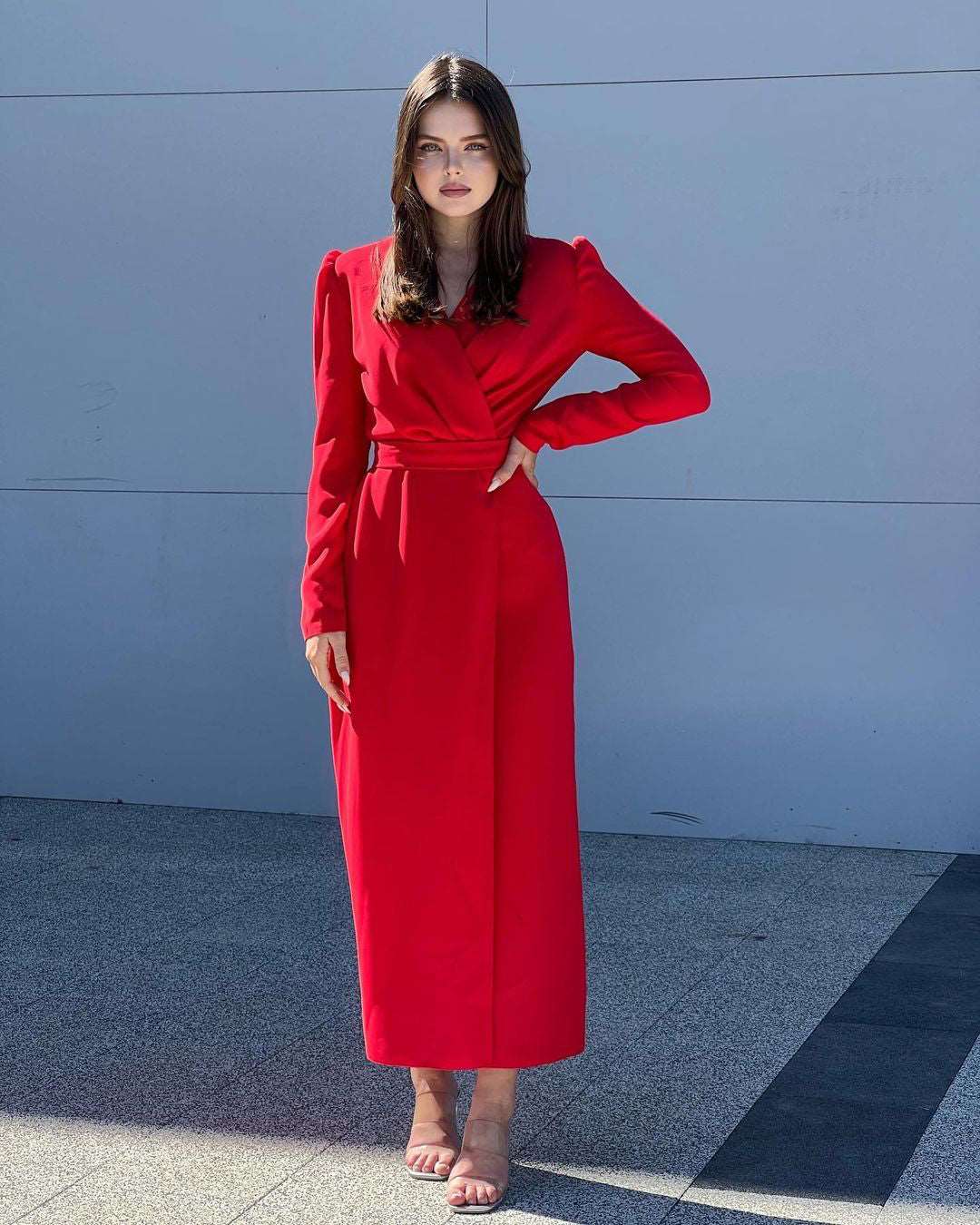 Portia Apple Red Mulberry Silk Overlap Midi Dress