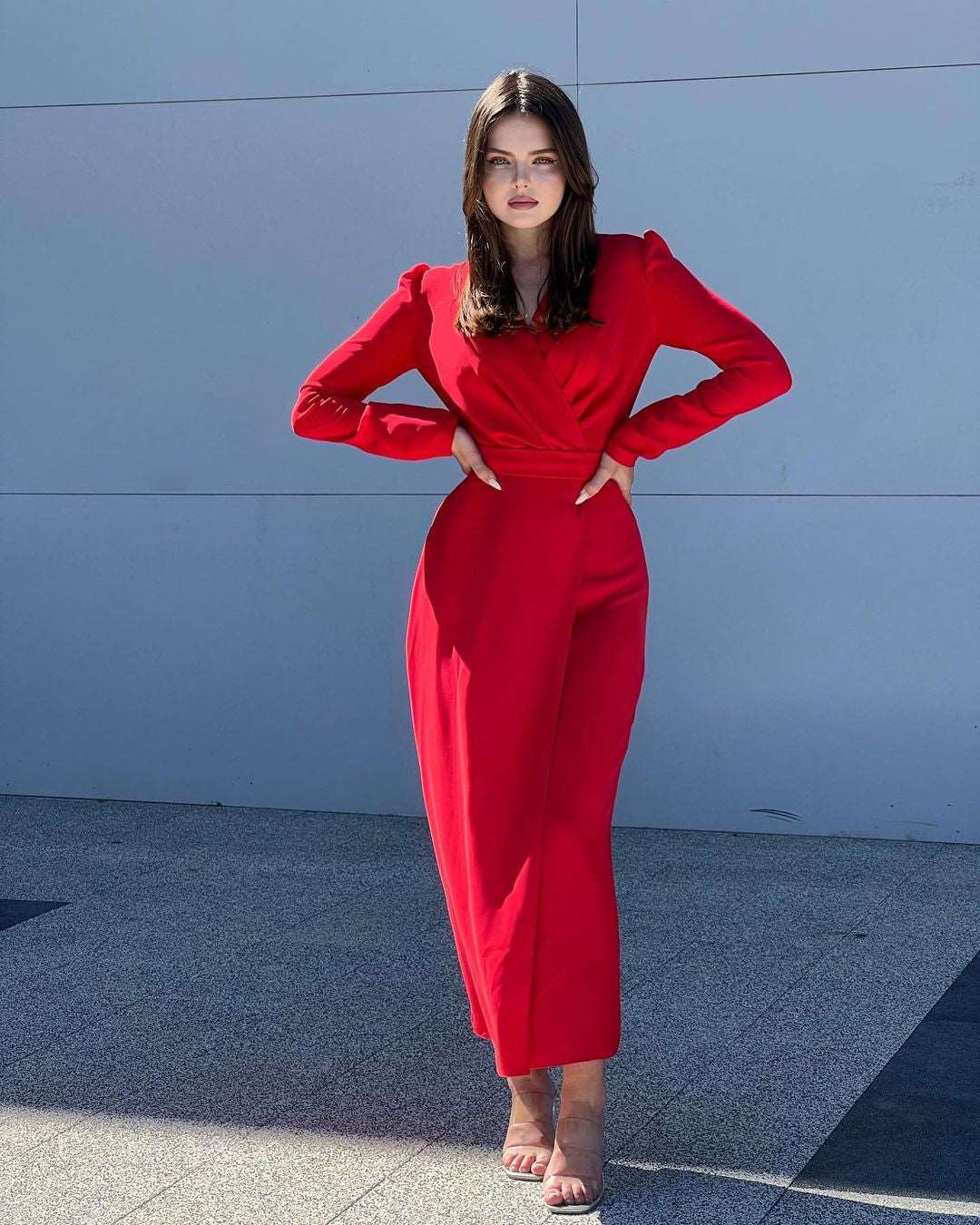 Portia Apple Red Mulberry Silk Overlap Midi Dress