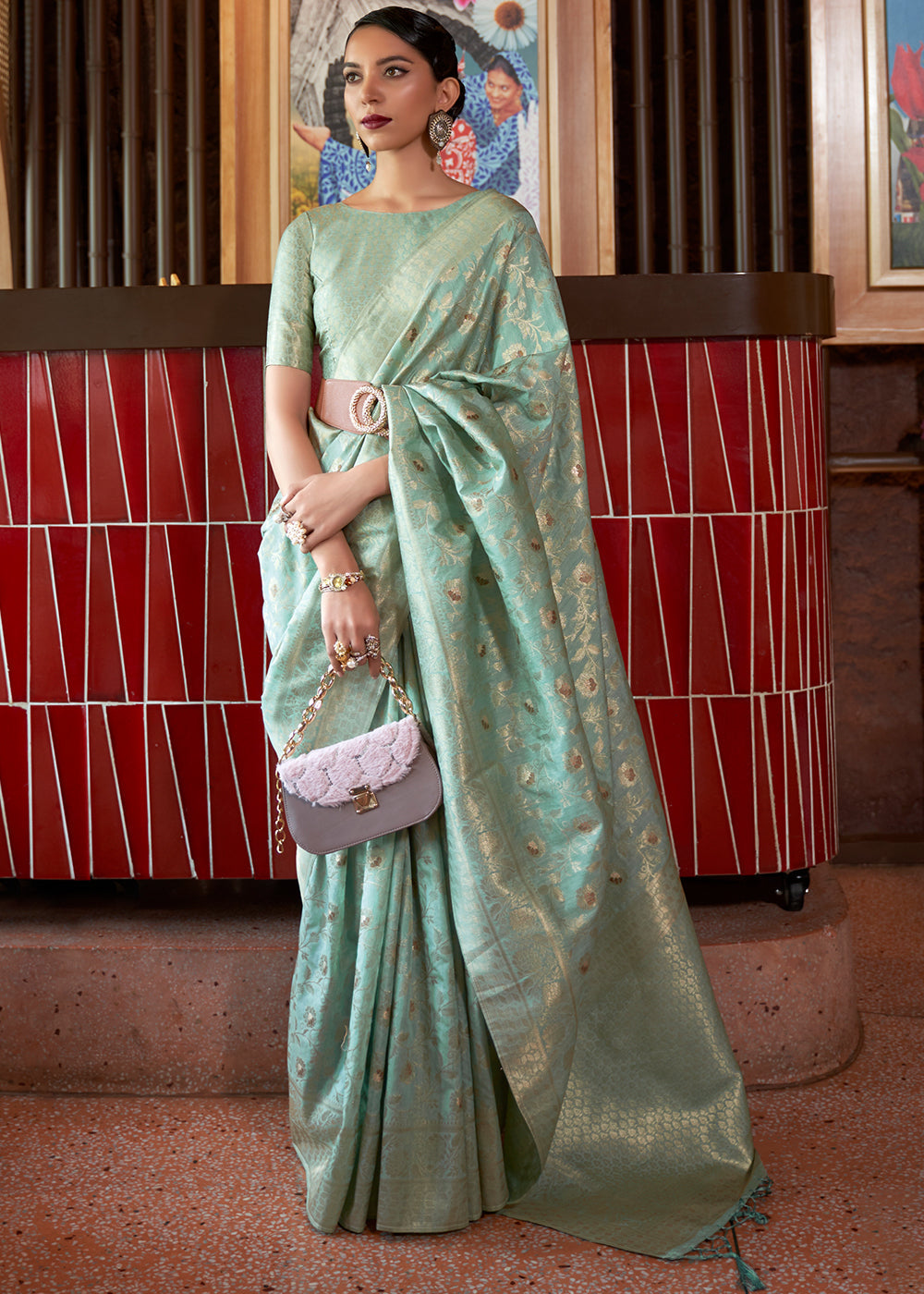 Chinoise Green Woven Tussar Silk Saree