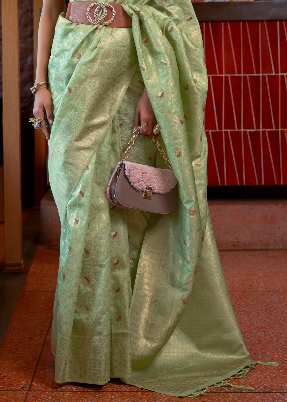 Sage Green Woven Tussar Silk Saree