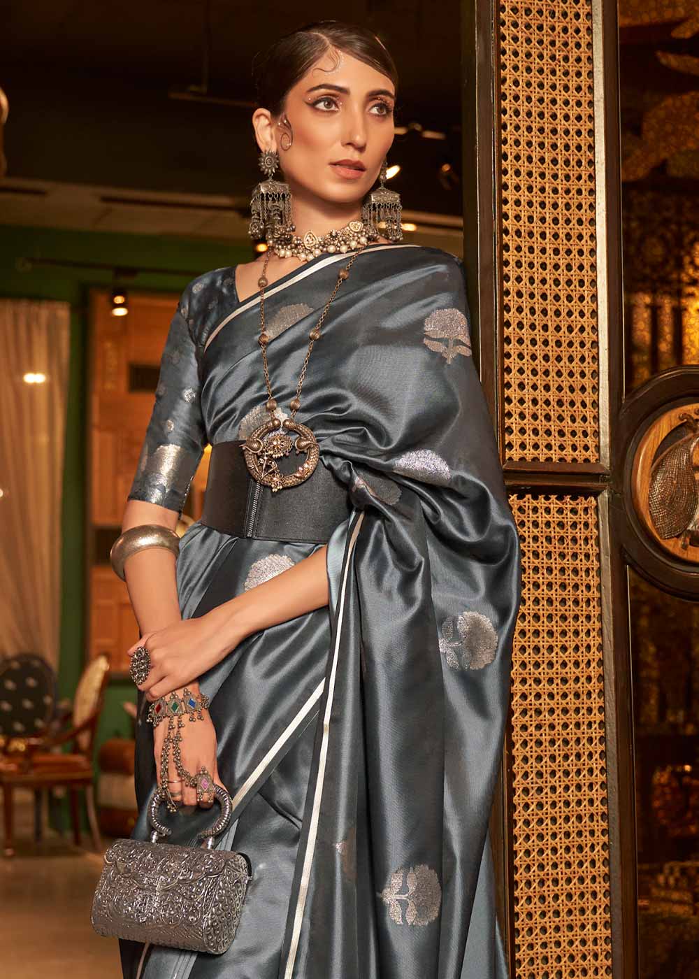 Anchor Grey Zari Woven Satin Silk Saree