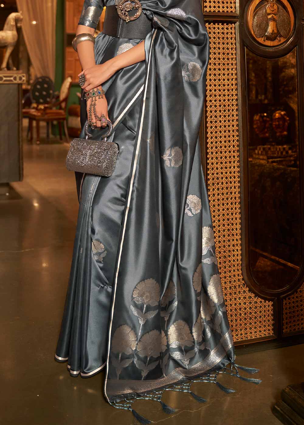 Anchor Grey Zari Woven Satin Silk Saree