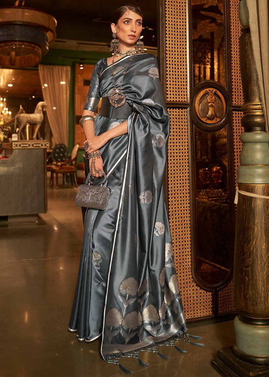 Anchor Grey Zari Woven Satin Silk Saree