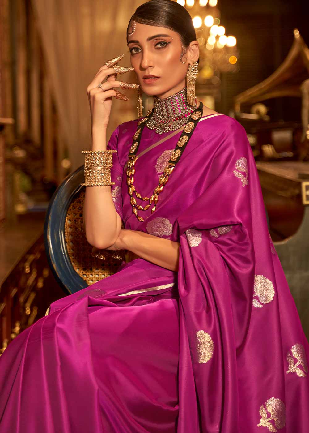 Magenta Pink Zari Woven Satin Silk Saree