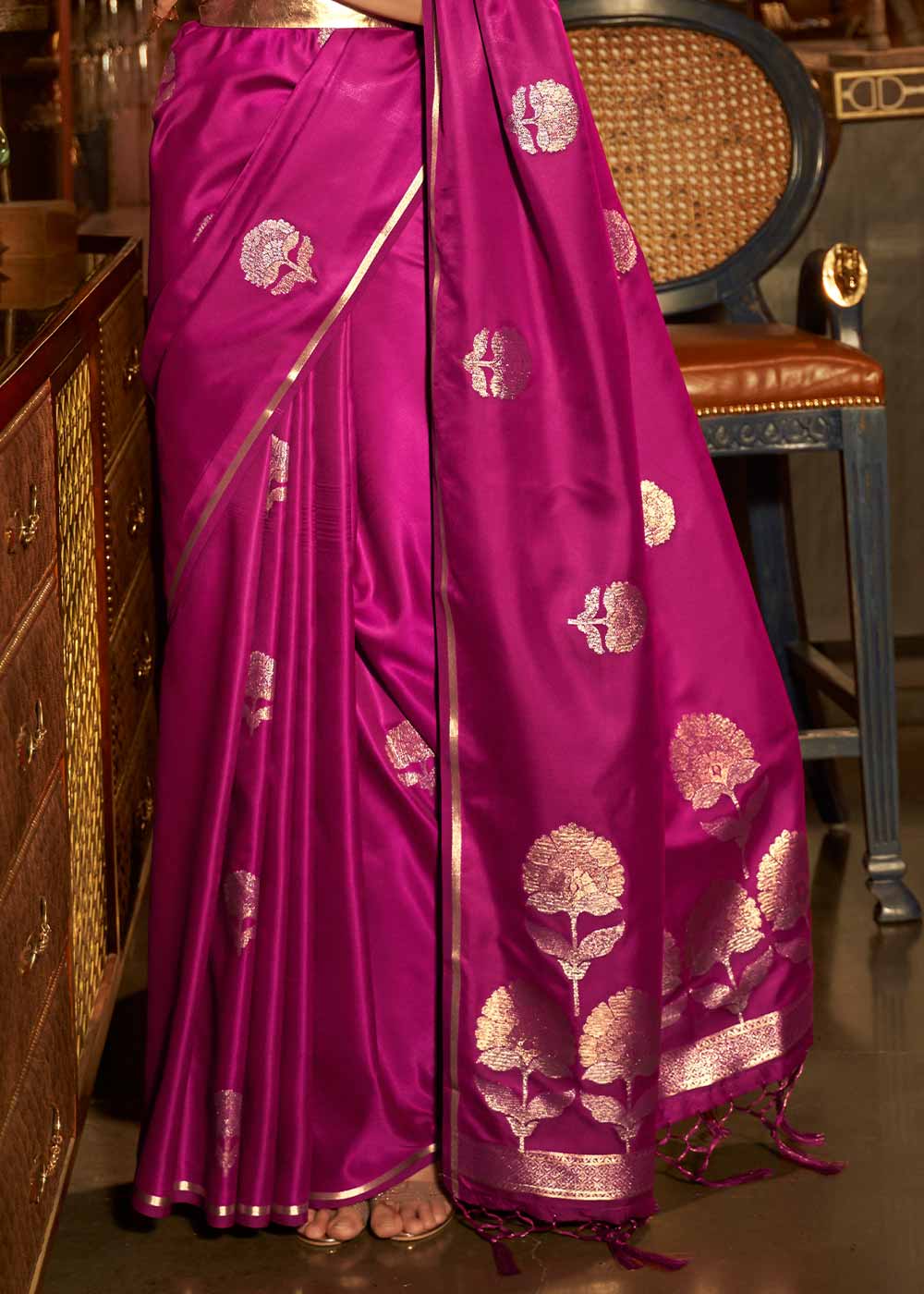 Magenta Pink Zari Woven Satin Silk Saree