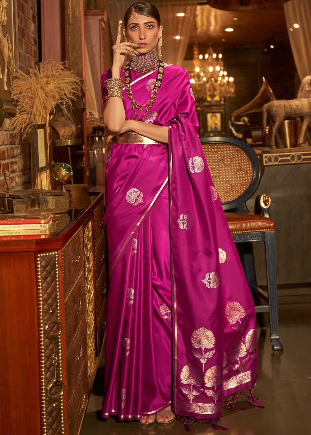 Magenta Pink Zari Woven Satin Silk Saree