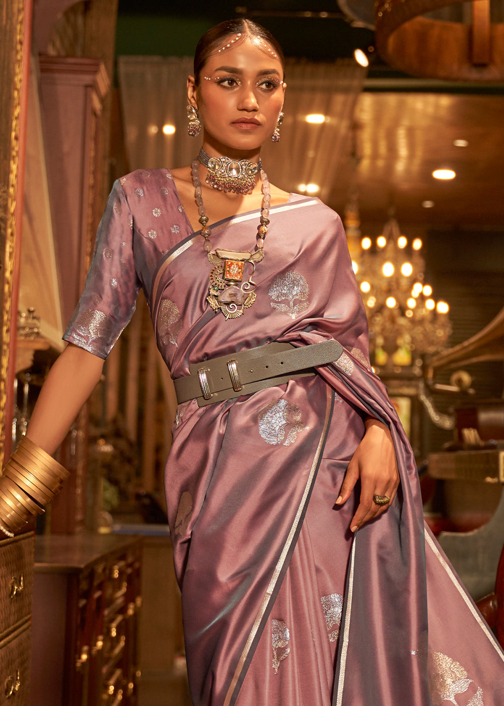 Opera Mauve Purple Zari Woven Satin Silk Saree