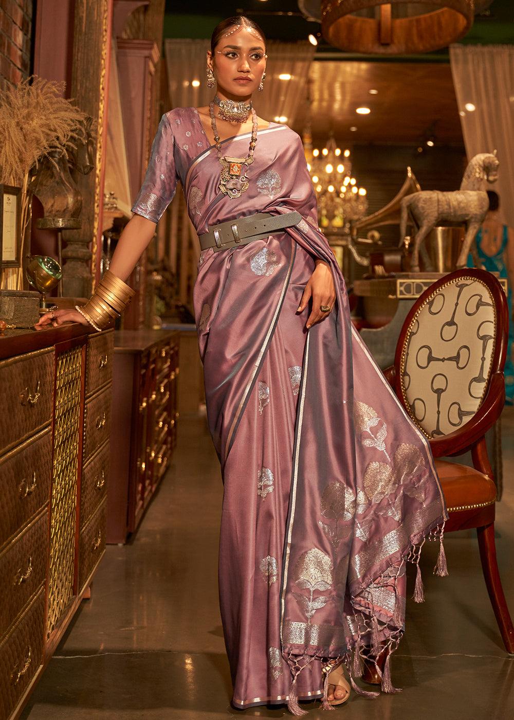 Opera Mauve Purple Zari Woven Satin Silk Saree