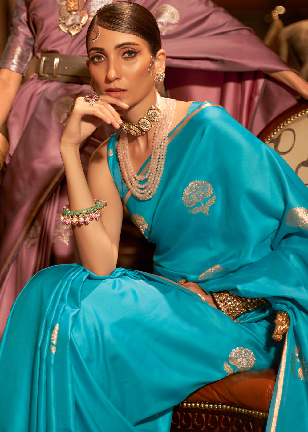 Cyan Blue Zari Woven Satin Silk Saree