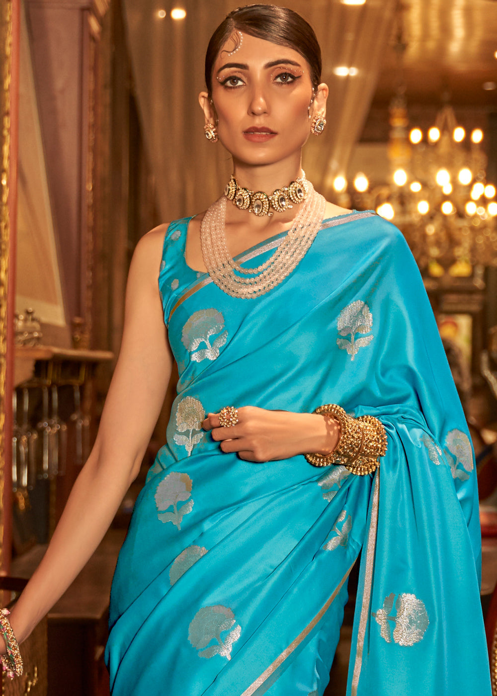 Cyan Blue Zari Woven Satin Silk Saree