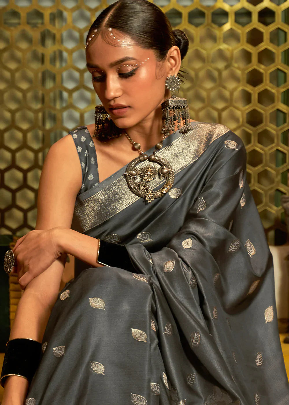 Charcoal Grey Zari Woven Satin Silk Saree