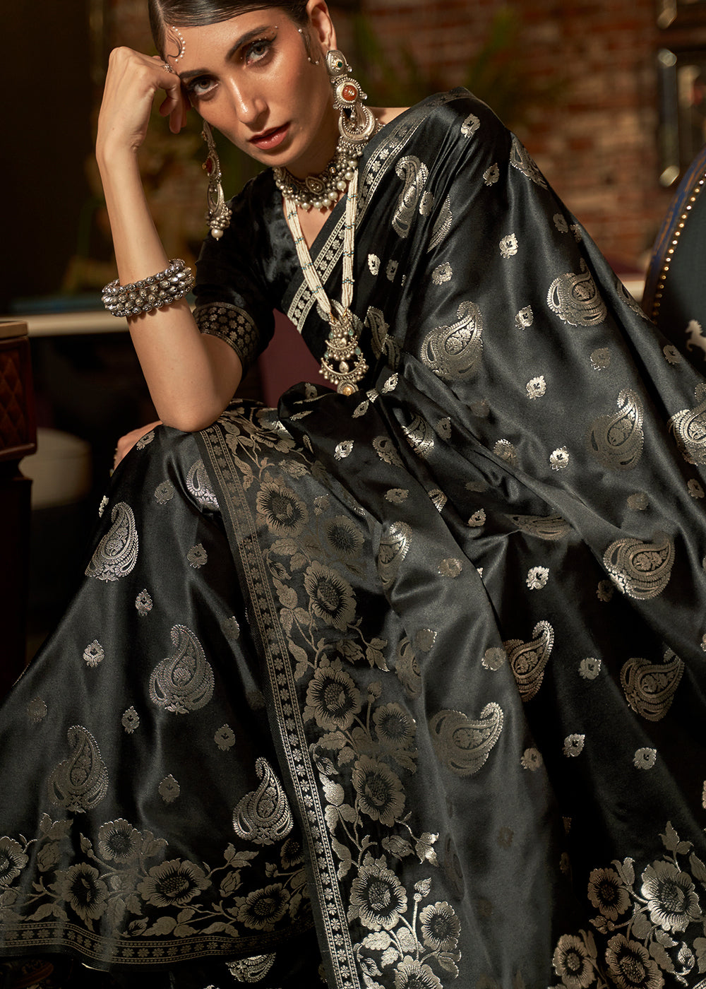 Midnight Black Handloom Woven Satin Silk Saree