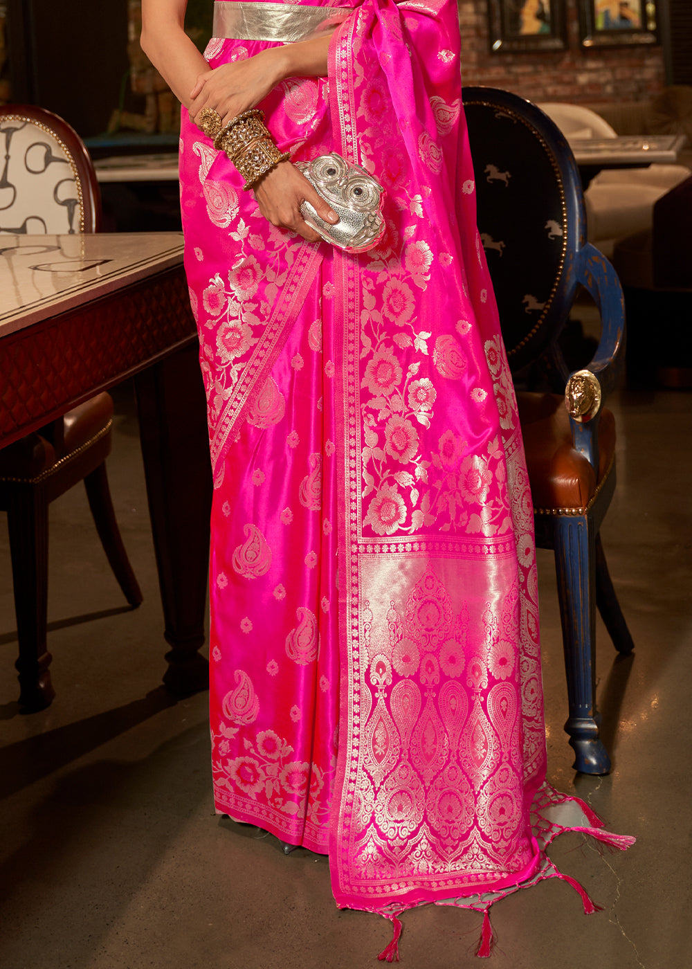 Hot Pink Handloom Woven Satin Silk Saree