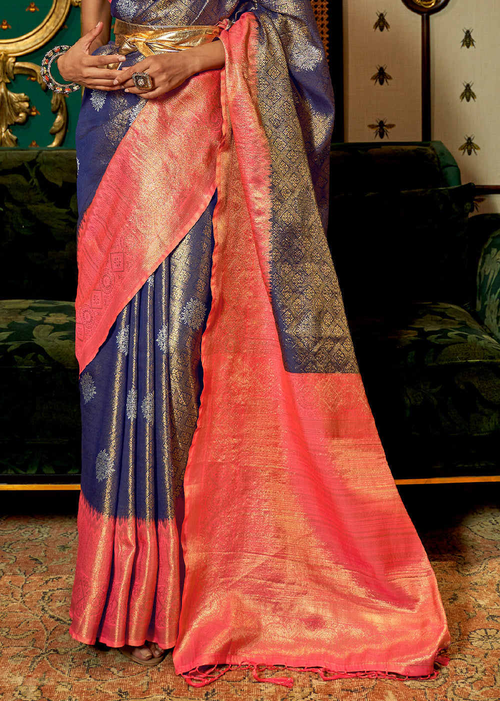 Blue & Pink Zari Woven Silk Saree with Tassels on Pallu