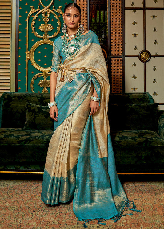 White & Blue Zari Woven Silk Saree with Tassels on Pallu