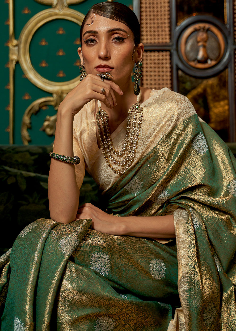 Green & Golden Zari Woven Silk Saree with Tassels on Pallu