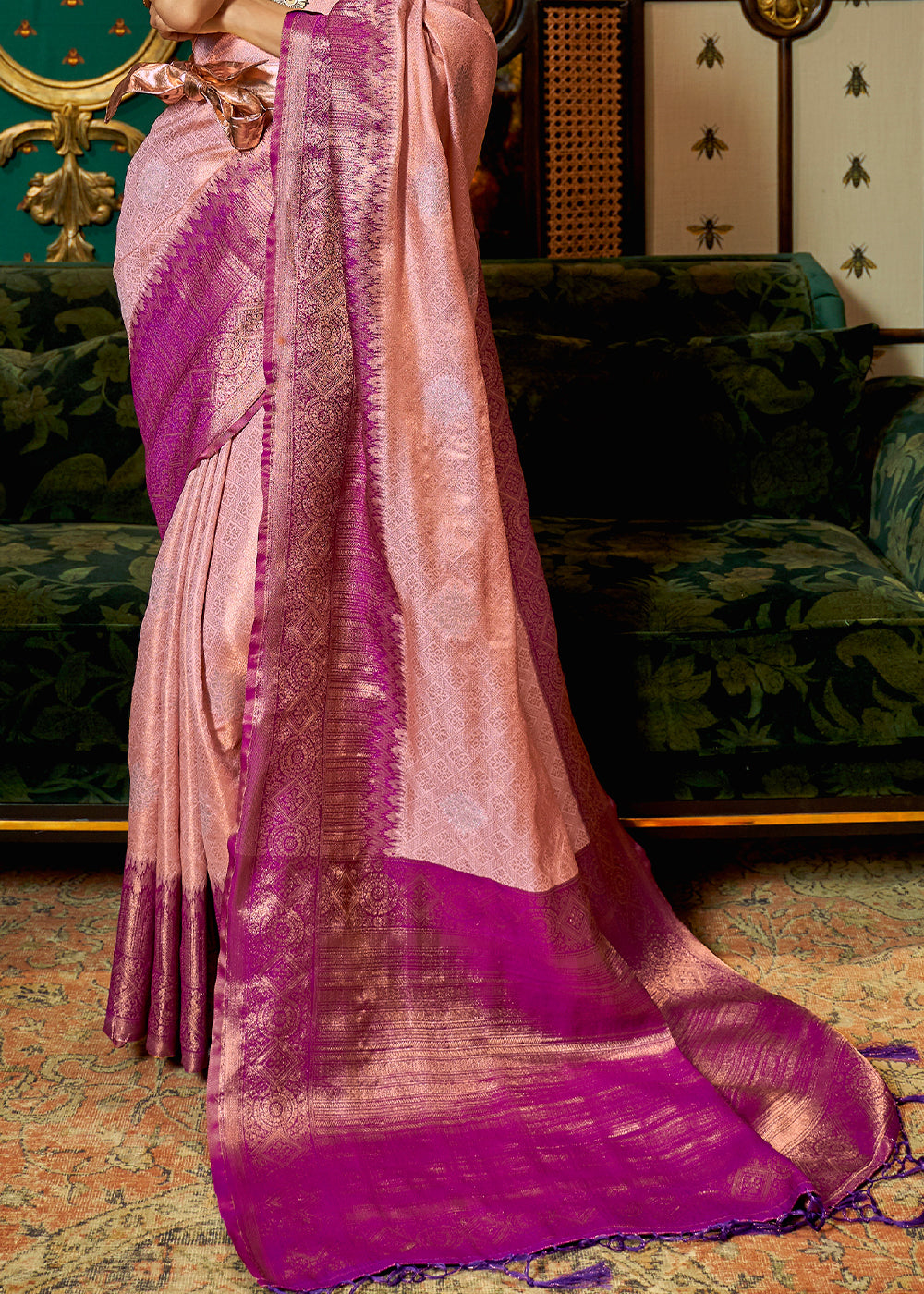 Shades Of Pink Zari Woven Silk Saree with Tassels on Pallu