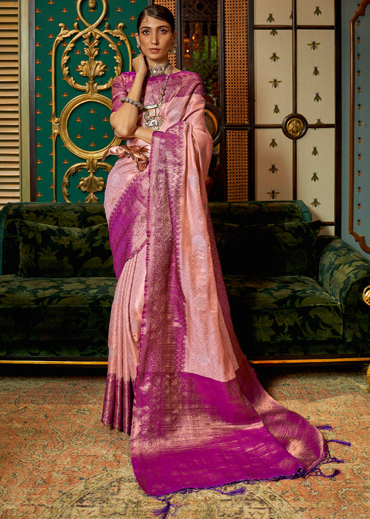 Shades Of Pink Zari Woven Silk Saree with Tassels on Pallu