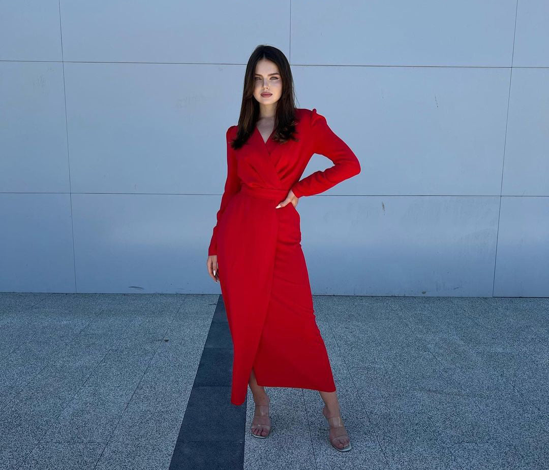 Portia Apple Red Mulberry Silk Overlap Midi Dress